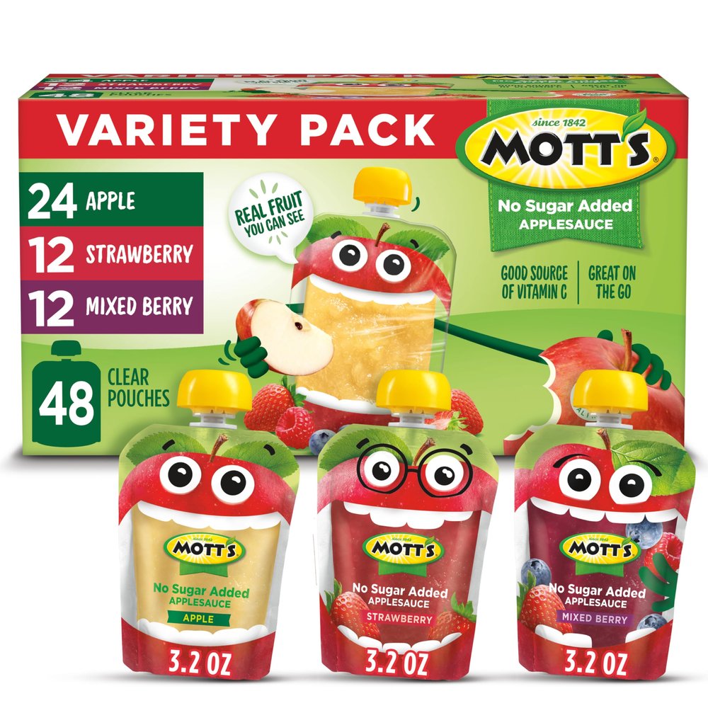 Motts No Sugar Added Applesauce Variety Pack, 3.2 oz Clear Pouches, 48 Count (4 Packs of 12)