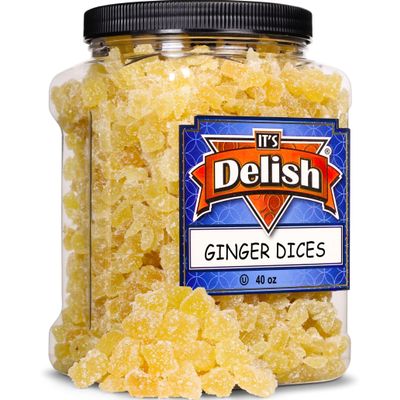 Crystallized Ginger Dices by It's Delish, 2.5 Lbs Jumbo Container | Candied Dried Ginger Fruit Chews Natural Candy, Ginger Root with Sugar Crystals, Unsulphured, No Color Added - Healthy Snack, Vegan