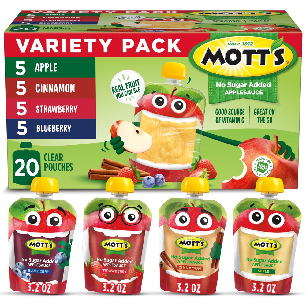 Mott's No Sugar Added Applesauce Variety Pack, 4 Flavors Apple, Strawberry, Cinnamon & Blueberry, Made from Real Fruit, No Artificial Flavors, 3.2 Clear Pouches, 20 Pack