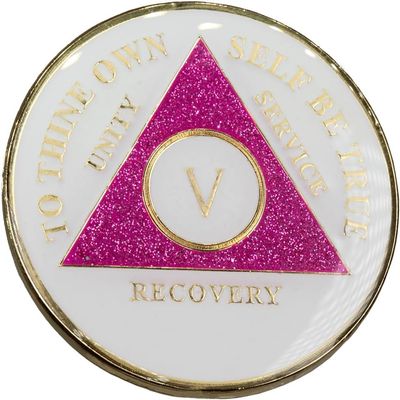 32 Year AA AA Medallion Medallion Pink Glitter White Glow Tri-Plate Sobriety Chip