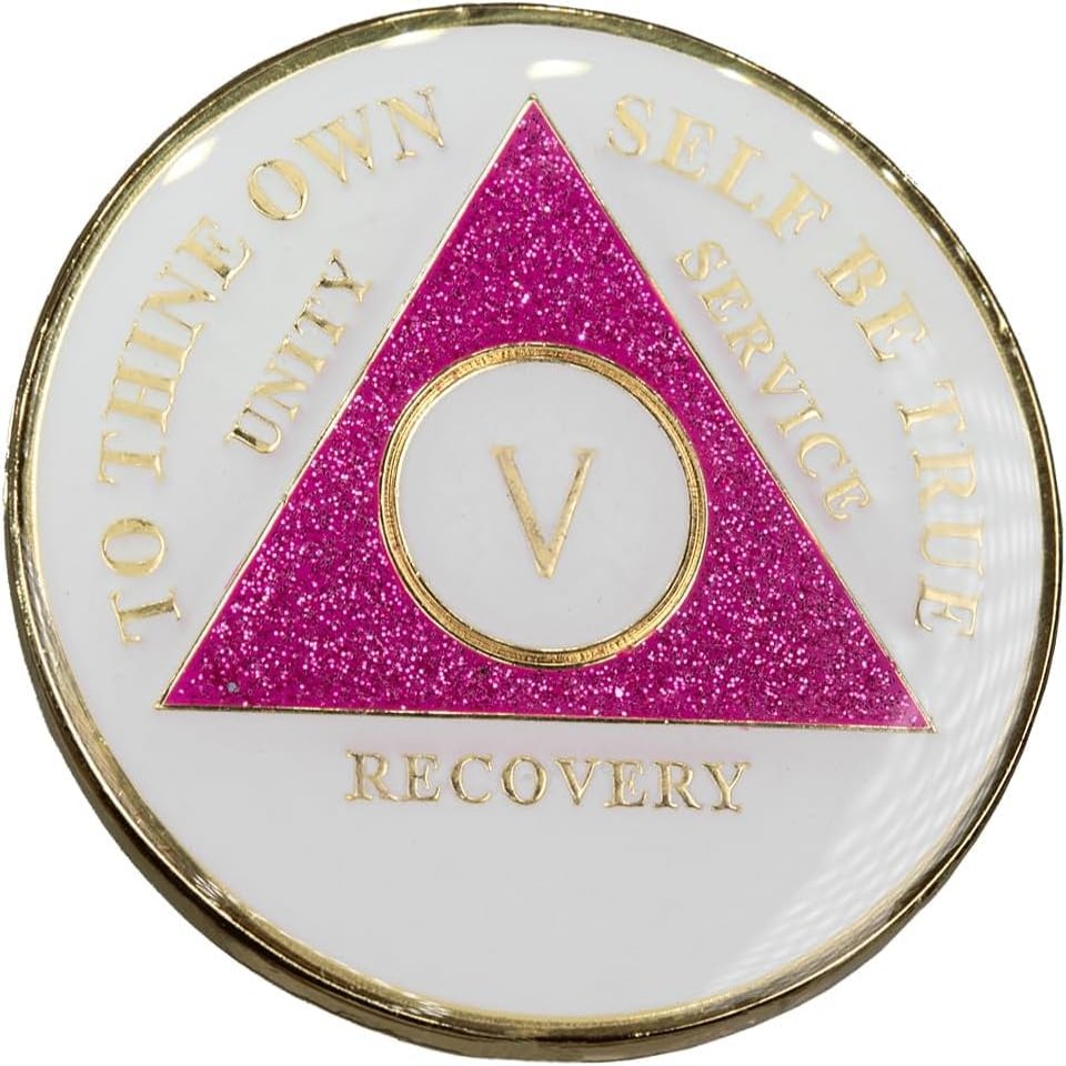 32 Year AA AA Medallion Medallion Pink Glitter White Glow Tri-Plate Sobriety Chip