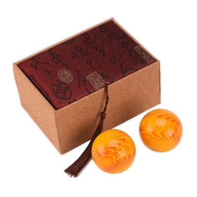 BRABUD 2'' Yellow Chinese Baoding Balls Hand Exercise Therapy Balls Stress Relieve Non-Chiming 2PCS with Box TQGJBS545