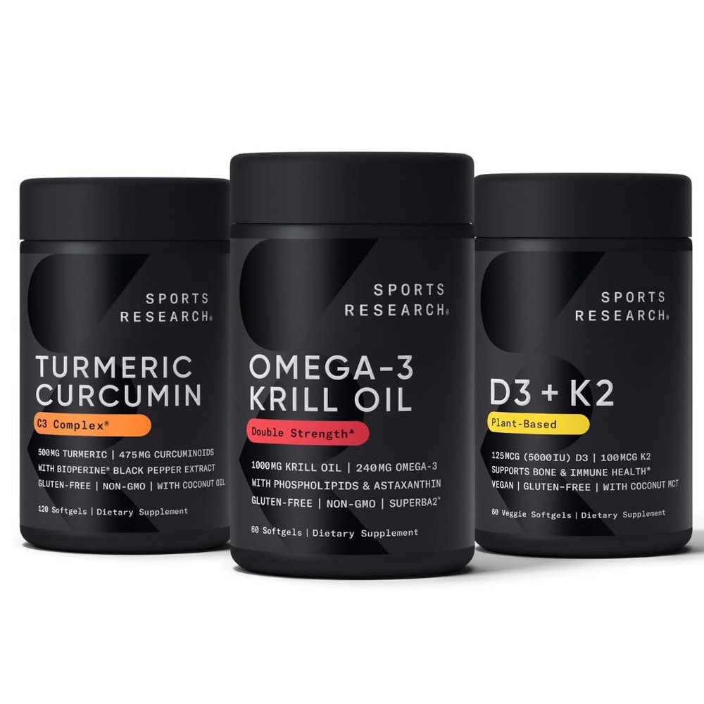 Sports Research Antarctic Krill Oil Omega 3 1000mg (with Phospholipids, Choline & Astaxanthin), Turmeric Curcumin C3 Complex (with Bioperine Black Pepper & Coconut Oil) & Plant Based Vitamin D3 + K2