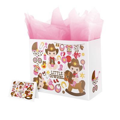 ysmile Cowgirl Large Gift Bag with Wrapping Tissue for Baby Shower 12.6" - Girl