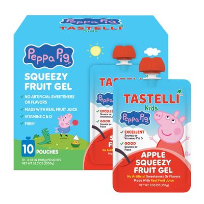 Tastelli Peppa Pig Kids Squeezy Fruit Gel Apple Flavor No Artificial Sweeteners or Flavors, Made with Real Fruit Juice, Fiber-Rich Prebiotic Gut Support, Vitamins C & D, Vegan, Gluten-Free - 10 Count