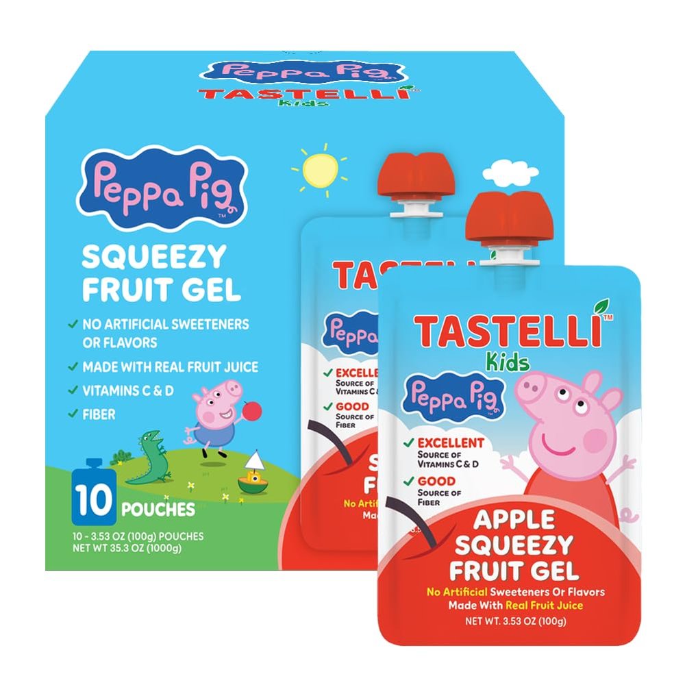 Tastelli Peppa Pig Kids Squeezy Fruit Gel  Apple Flavor  No Artificial Sweeteners or Flavors, Made with Real Fruit Juice, Fiber-Rich Prebiotic Gut Support, Vitamins C & D, Vegan, Gluten-Free - 10 Count