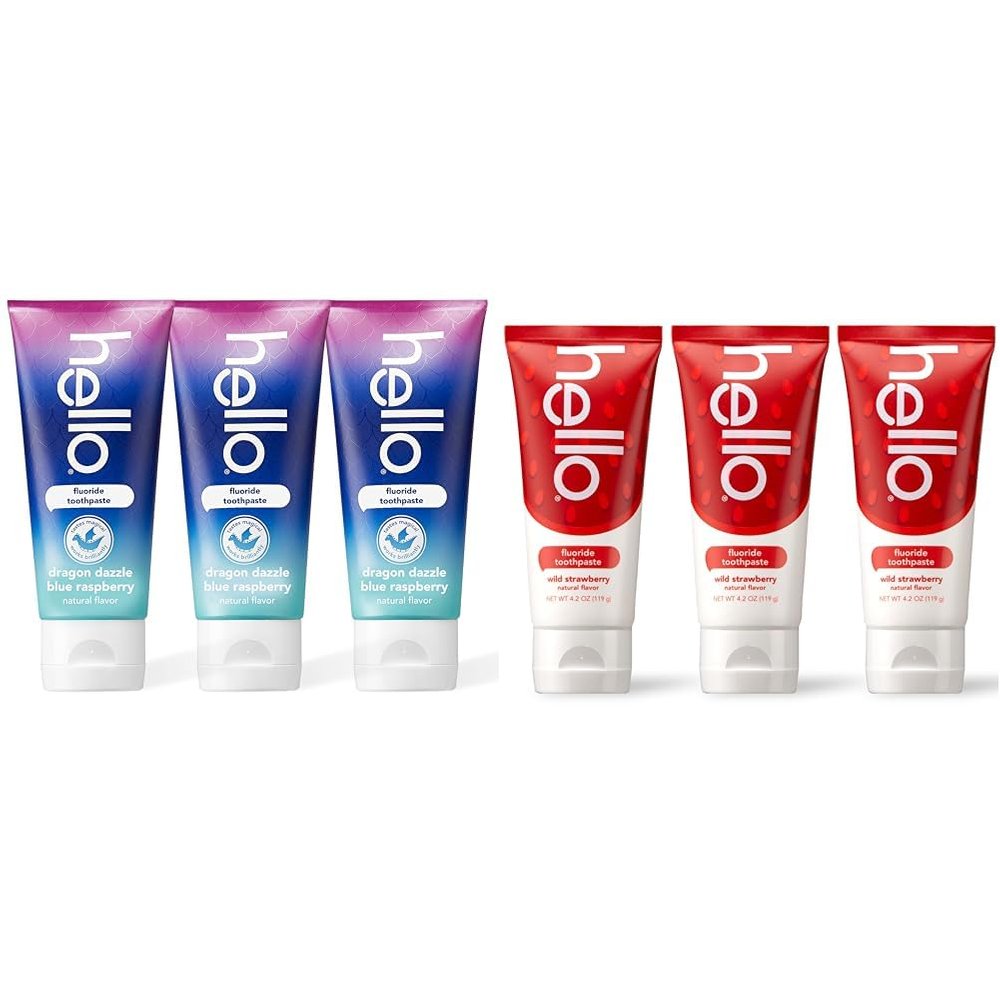 hello Kids Toothpaste Bundle with Dragon Dazzle Blue Raspberry 4.2 OZ 3-Pack and Wild Strawberry 3-Pack