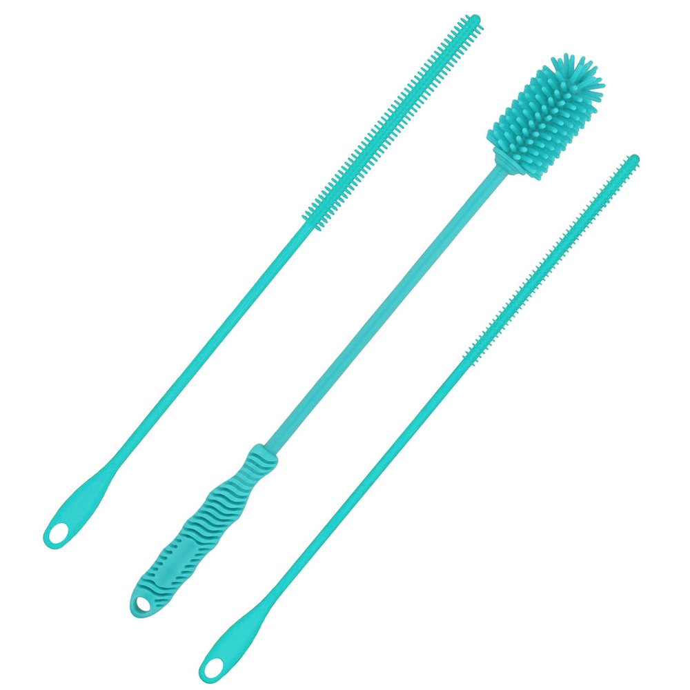 3pcs Silicone Bottle Brush & Straw Cleaner Brush, Reusable Straw Cleaning Brush Water Cup Brush Set Extra Long Brush Kit Bottle Accessories for Stanley Tumbler & Metal Glass Straws (Blue)