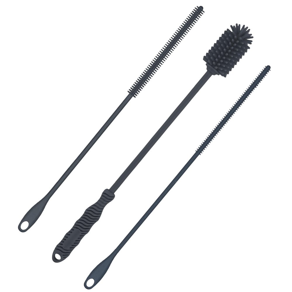 3pcs Silicone Bottle Brush & Straw Cleaner Brush, Reusable Straw Cleaning Brush Water Cup Brush Set Extra Long Brush Kit Bottle Accessories for Stanley Tumbler & Metal Glass Straws (Grey)