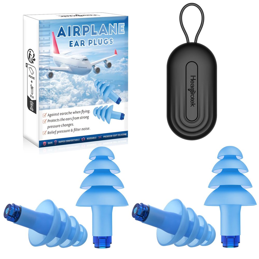 Hearprotek Airplane Ear Pressure Relief Earplugs, Soft Reusable Ear Plugs for Airplane Pressure with Carrying Case, Travel Essentials for Adults, Flying, Reduce Pressure & Engine Noise (Blue+Blue)