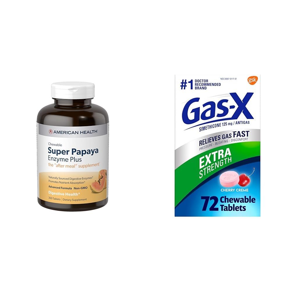 American Health Super Papaya Enzyme Plus Chewable Tablets, 360 Count & Gas-X Extra Strength Chewable Gas Relief Tablets, Cherry Flavor - 72 Count Bundle