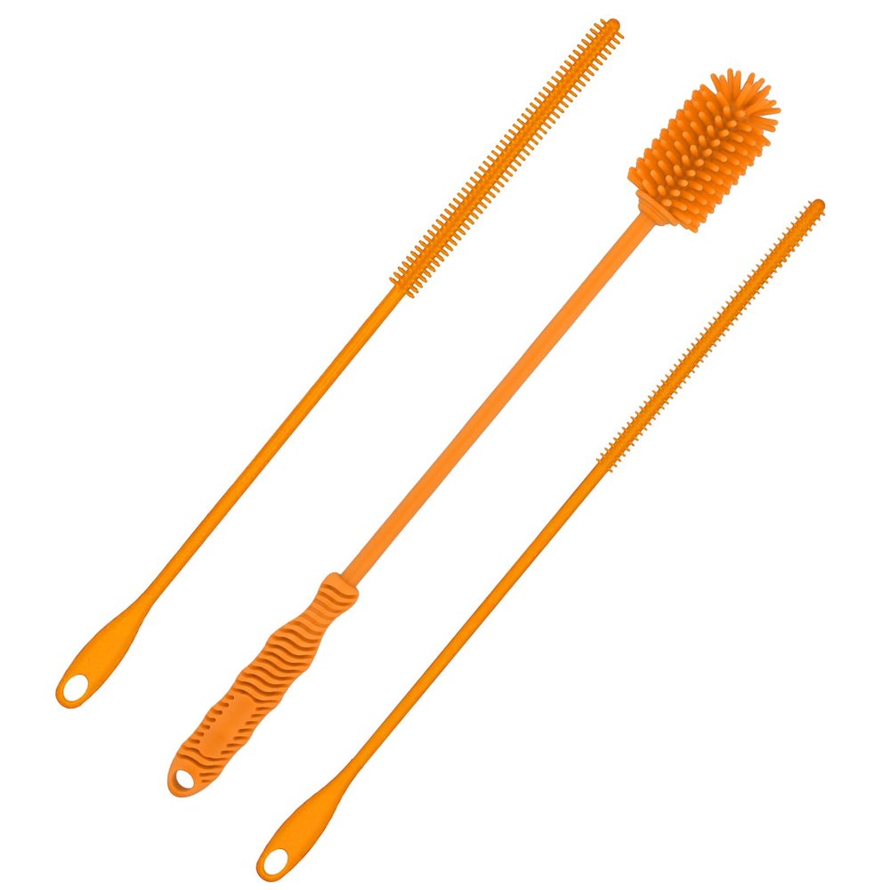 3pcs Silicone Bottle Brush & Straw Cleaner Brush, Reusable Straw Cleaning Brush Water Cup Brush Set Extra Long Brush Kit Bottle Accessories for Stanley Tumbler & Metal Glass Straws (Orange)