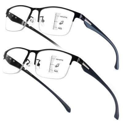 SKYOAK 2 Pack Premium Quality Progressive Multifocus Half Frame Reading Glasses for Men, No-Line Blue Light Blocking Computer Readers Multifocal Eyeglasses with TR 90 Temples, +3.5x