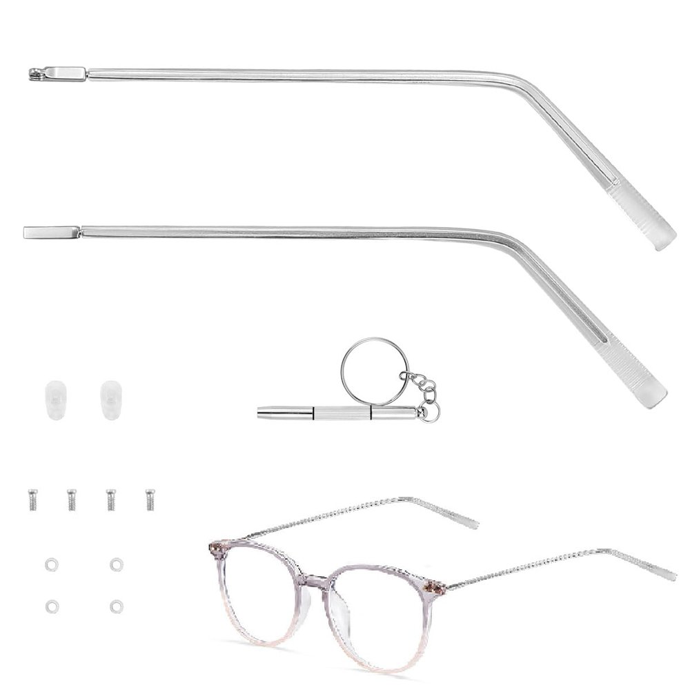 1 Pair Eyeglass Replacement Arm with Transparent Legs, Universal Glasses Arm Legs Replacement, Metal Glasses Replacement for Eyeglasses Repair (Silver)