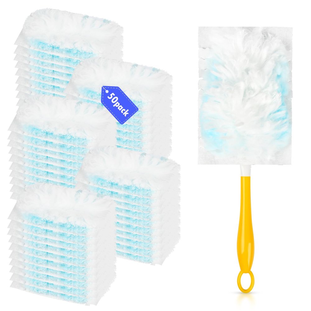 50 Count 180 Multi-Surface Feather Duster Refills Compatible with Swiffer Handle, Heavy Duty Duster Replacement with 1 Handle