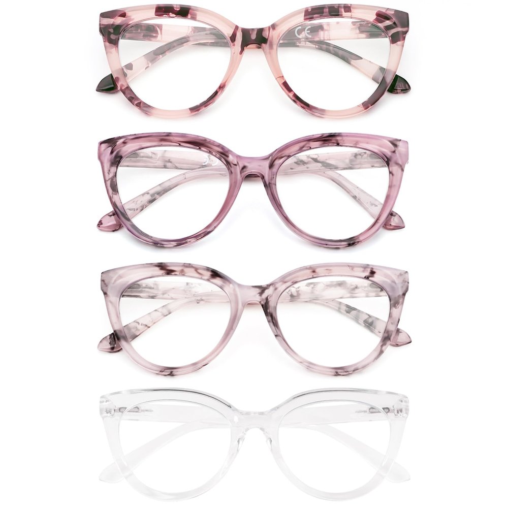REAVEE 4 Pack Fashion Oversized Cat Eye Reading Glasses for Women, Large Cute Computer Blue Light Blocking Readers with Spring Hinge 1.75
