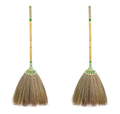 2 Packs of 40 inch Asian Broom Whisk Broom Thai Natural Grass Broom Bamboo Stick Handle Perfect for Sweeping Dirt, Dust, Debris