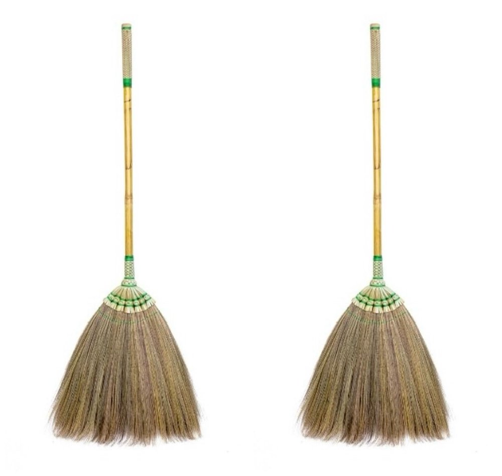 2 Packs of 40 inch Asian Broom Whisk Broom Thai Natural Grass Broom Bamboo Stick Handle Perfect for Sweeping Dirt, Dust, Debris