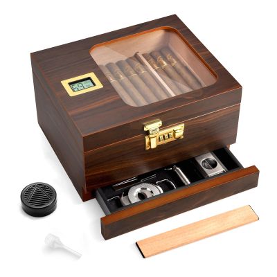 Cigar Humidor, Handcrafted Cedar Cigar Box, Glass Top Desktop Humidor with Digital Hygrometer, Ceder Wood Tray, Humidifier, Divider, Drawer and Combination Lock, Cigar Gift for Men