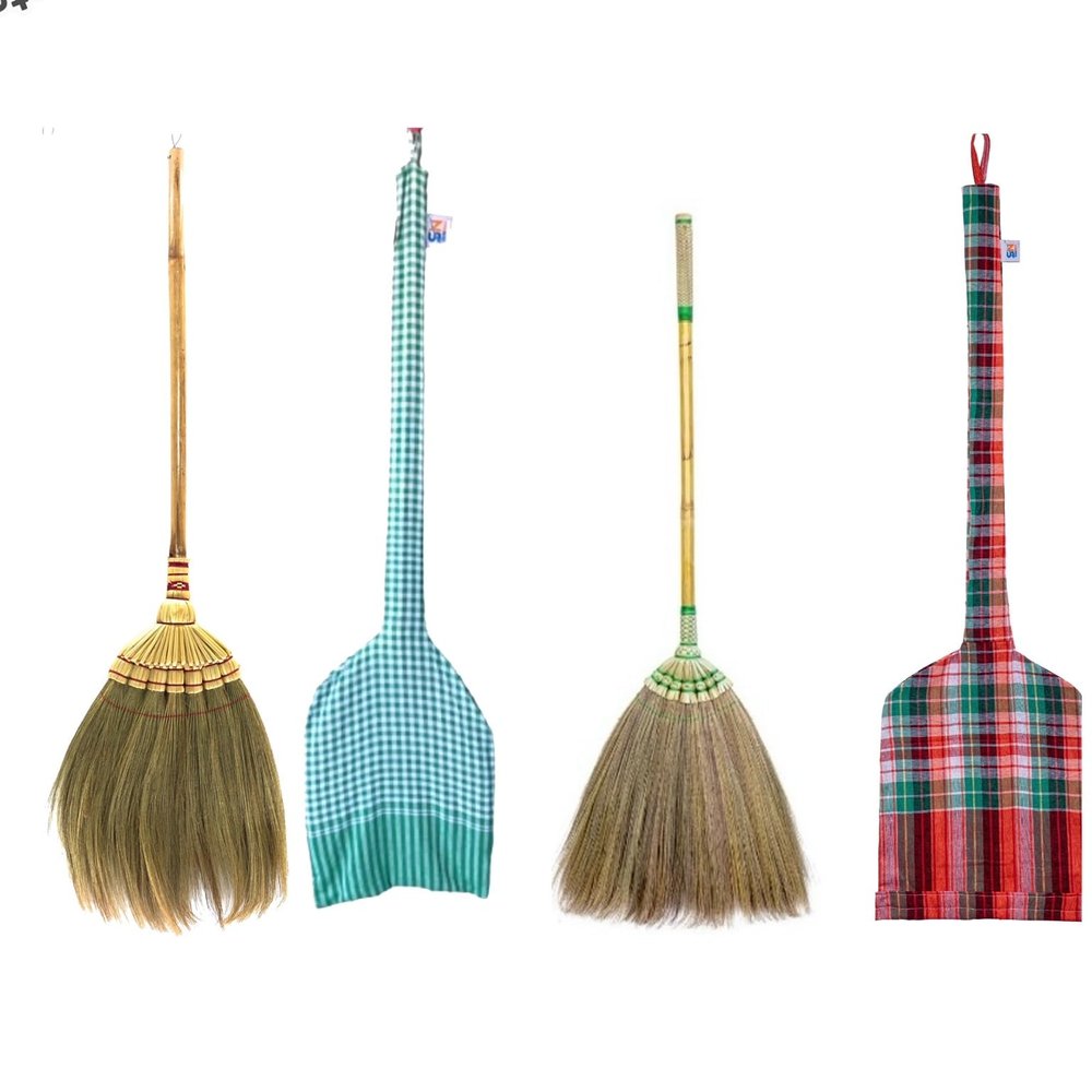 2 Sets of (2 Broom and 2 Storage Bag) Asian Natural Grass Broom Bamboo Stick Handle (Perfect for Sweeping Dirt, Dust, Debris