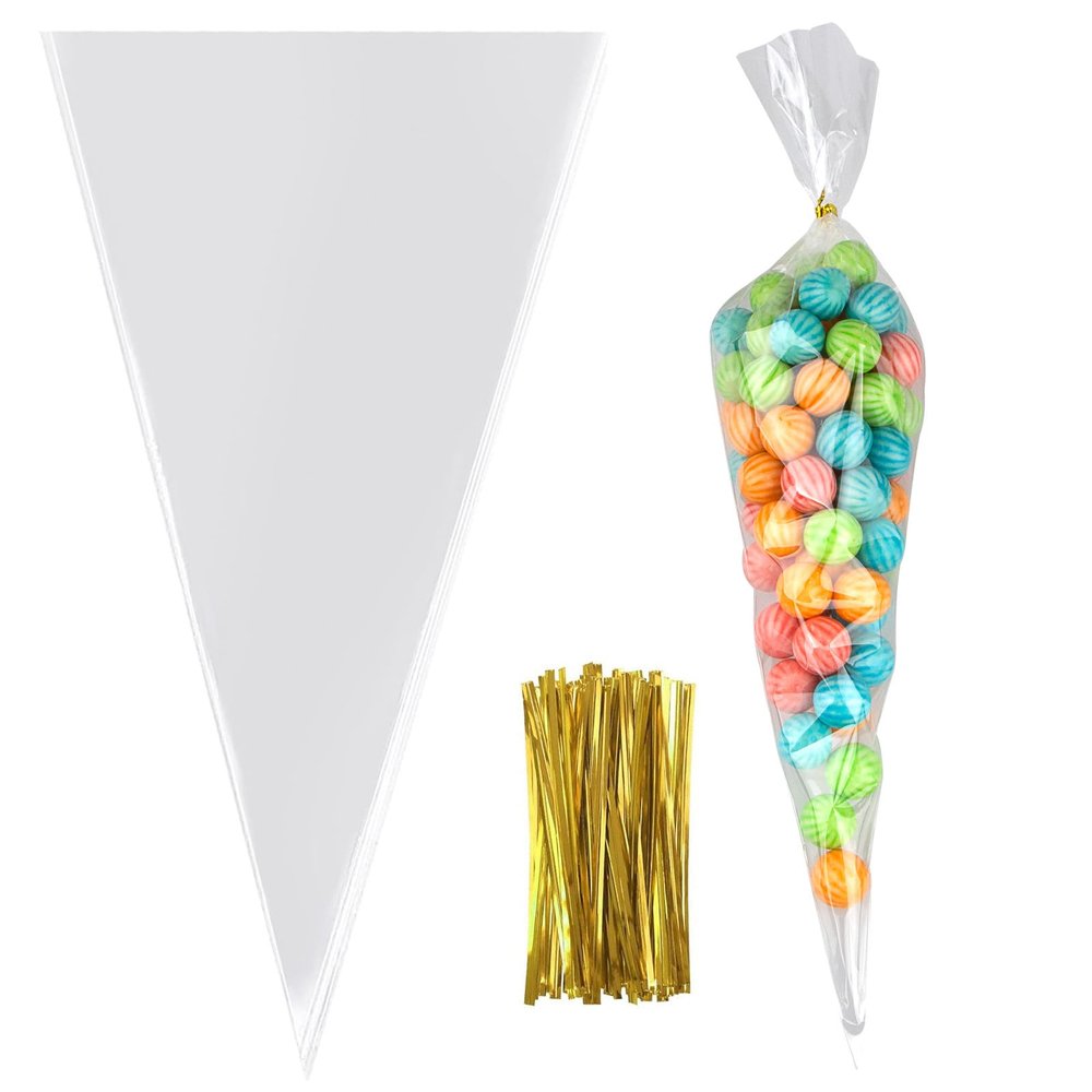100Pcs Cone Cellophane Bags, 7x15 Inch Cone Shaped Treat Bags with Twist Ties, Plastic Cellophane Bag for Treats, Popcorn, Candy, Party Favors