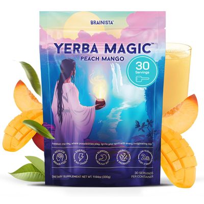 Yerba Magic  Yerba Mate Tea Instant Powder Super Drink with Nootropics, Prebiotics & Probiotics  Clean Energy, Mental Clarity & Gut Wellness | Low Sugar, Natural Caffeine  Peach Mango, 30 Servings