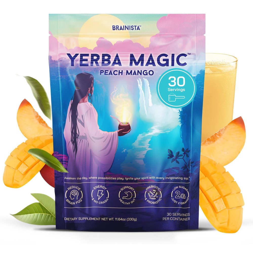 Yerba Magic  Yerba Mate Tea Instant Powder Super Drink with Nootropics, Prebiotics & Probiotics  Clean Energy, Mental Clarity & Gut Wellness | Low Sugar, Natural Caffeine  Peach Mango, 30 Servings