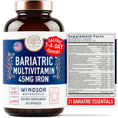 Bariatric Multivitamin with Iron - 45 mg Iron Once Daily, 21 Essential Vitamins - Easy to Swallow Bariatric Vitamins for Women & Men - Gastric Bypass, Gastric Sleeve Recovery Support - 30 Capsules