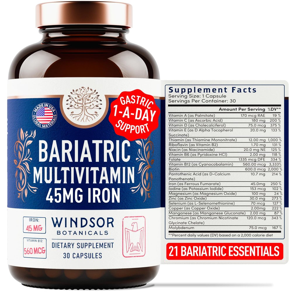 Bariatric Multivitamin with Iron - 45 mg Iron Once Daily, 21 Essential Vitamins - Easy to Swallow Bariatric Vitamins for Women & Men - Gastric Bypass, Gastric Sleeve Recovery Support - 30 Capsules