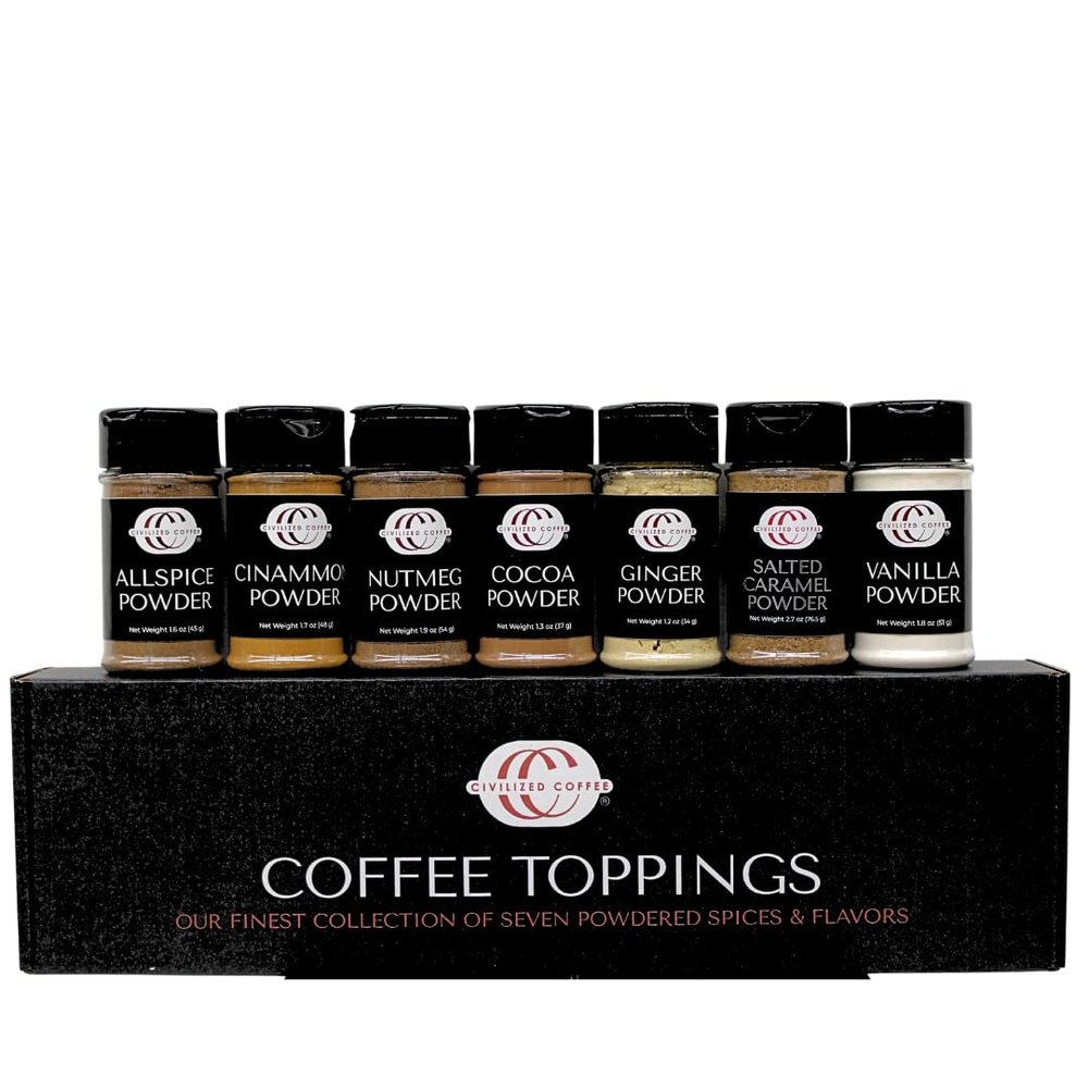 Civilized Coffee Premium Coffee Toppings Gift Set  7 Gourmet Spices & Flavors for Coffee Bar & Lattes