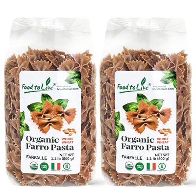 Food to Live - Organic Farro Farfalle Pasta, 1.1 lb (Pack of 2) - Italian Whole Wheat and Non-GMO Bow-tie Pasta, Single Ingredient