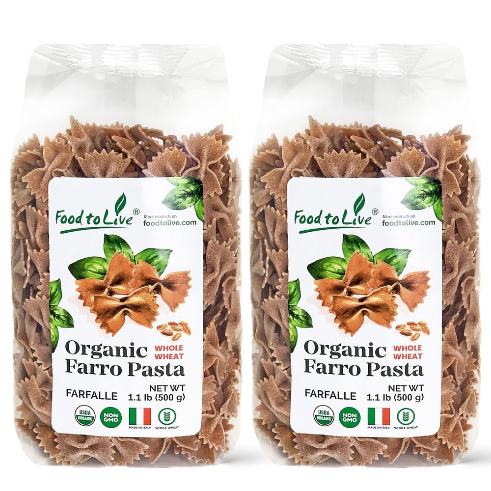 Food to Live - Organic Farro Farfalle Pasta, 1.1 lb (Pack of 2) - Italian Whole Wheat and Non-GMO Bow-tie Pasta, Single Ingredient