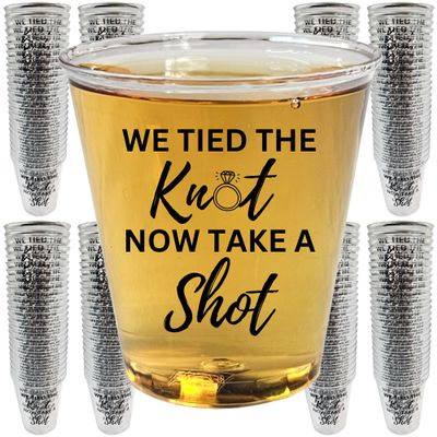 Cloverjoyed Disposable Plastic Wedding Shot Glasses, 200 Pack, 'We Tied the Knot Now Take a Shot' with Ring Design, Perfect for Weddings, Bridal Showers, Engagement Parties