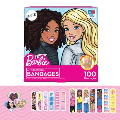 Barbie Antibacterial Kids Bandages, 3 Assorted Sizes 100 CT | Wear Like Stickers, Flexible Adhesive Bandages for Minor Cuts, Scrapes, and Burns. Great Gift idea for Kids
