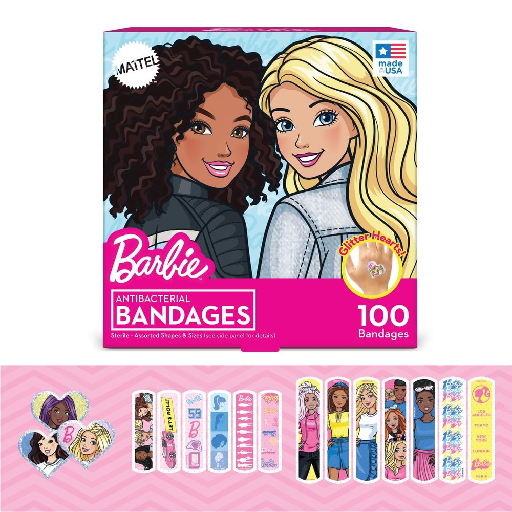 Barbie Antibacterial Kids Bandages, 3 Assorted Sizes 100 CT | Wear Like Stickers, Flexible Adhesive Bandages for Minor Cuts, Scrapes, and Burns. Great Gift idea for Kids