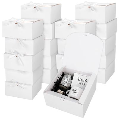JarThenaAMCS 20Pcs White Gift Boxes with Lids Ribbons 8 x 8 x 4 Inch Bridesmaid Proposal Box with 100pcs Glue Points for Wedding Packaging Present Birthday Craft Snack Holiday Party Favors