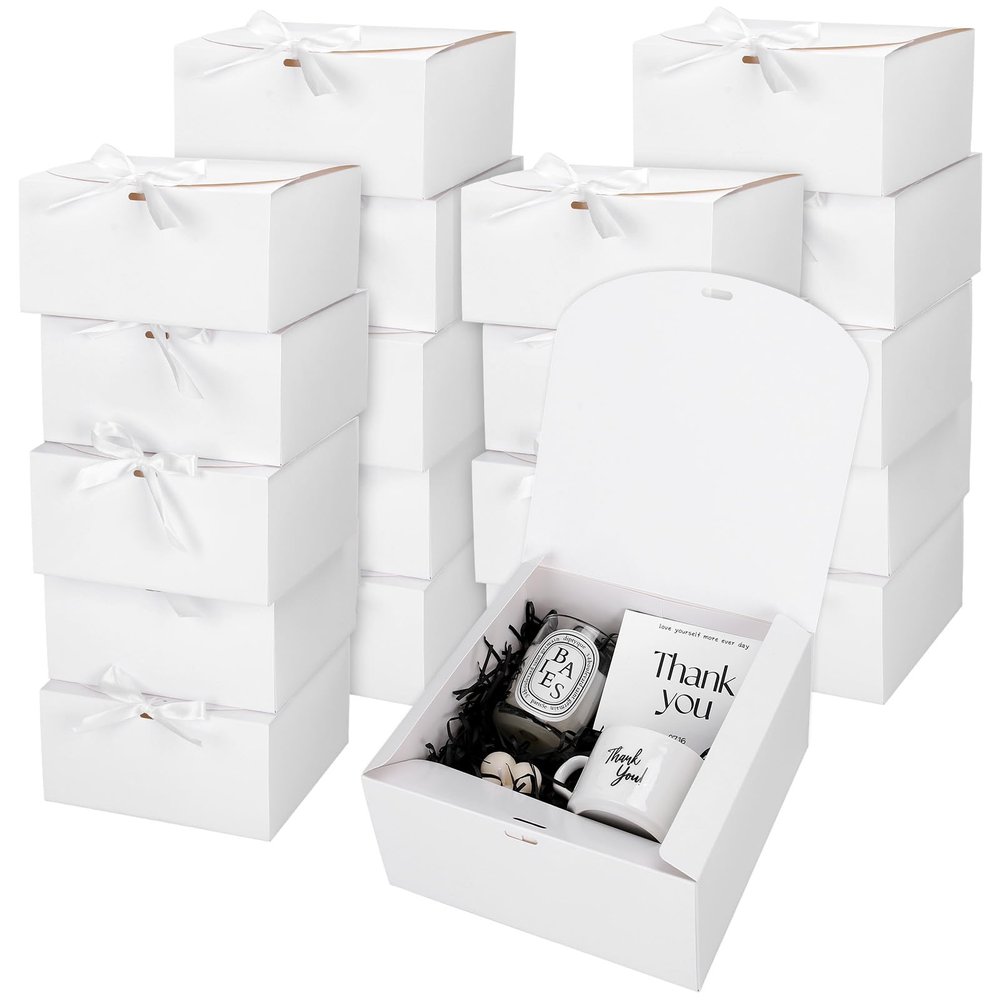 JarThenaAMCS 20Pcs White Gift Boxes with Lids Ribbons 8 x 8 x 4 Inch Bridesmaid Proposal Box with 100pcs Glue Points for Wedding Packaging Present Birthday Craft Snack Holiday Party Favors