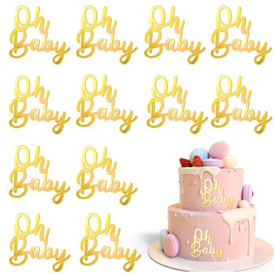 12 PACK Oh Baby Sign Cake Topper Mirror Gold Acrylic Cake Topper,Oh Baby Shower cake Decorations Birthday Party Supplies