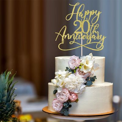Bekaterea Golden Glitter Happy 20th Anniversary Cake Toppers - Wedding & Company Anniversary Party Decorations, Birthday Party Decorations Supplies