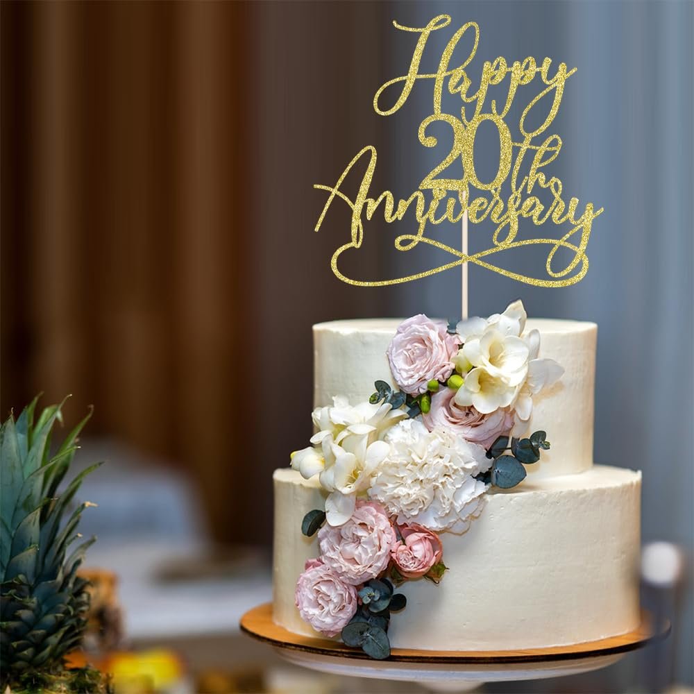Bekaterea Golden Glitter Happy 20th Anniversary Cake Toppers - Wedding & Company Anniversary Party Decorations, Birthday Party Decorations Supplies