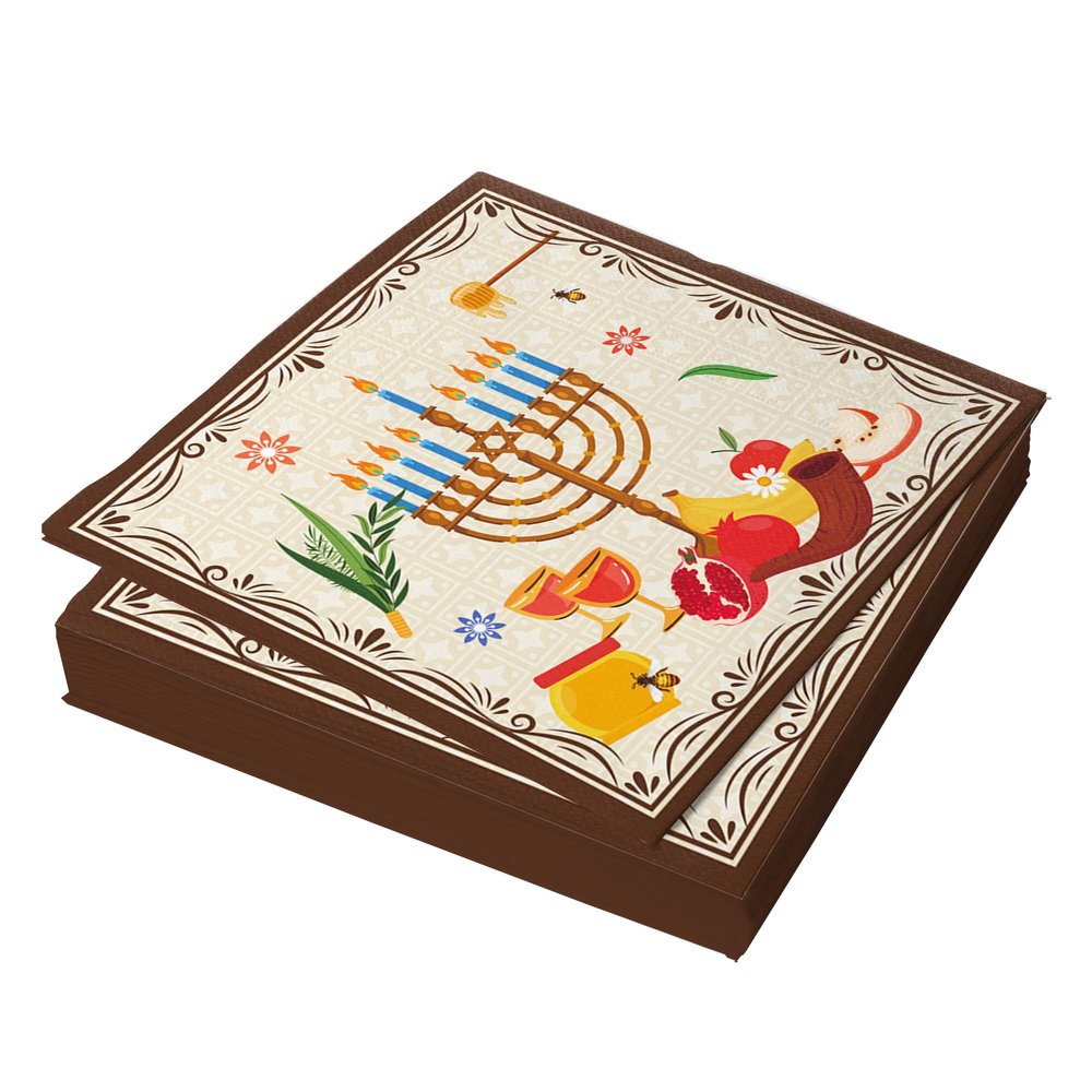 24Pcs Rosh Hashanah Napkins,Disposable Paper Napkins for Party Supplies,Shana Tova High Holy Day Hand Towel Happy Rosh Hashanah Napkins for The Jewish New Year Party Home Kitchen Decorations (Beige)