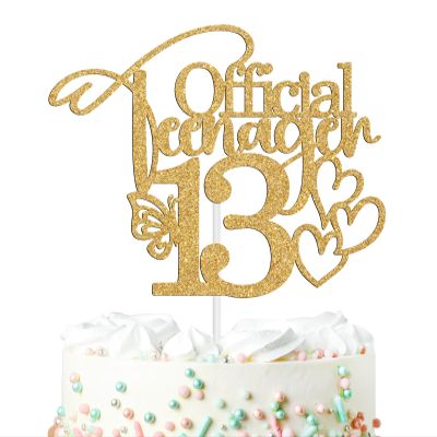 Official Teenager 13 Cake Topper, Butterfly Theme for 13th Birthday Cake Decor, Hello 13, Happy 13th Birthday Party Supplies for Girls, Gold Glitter