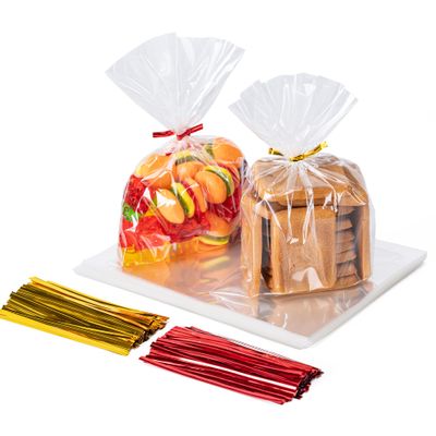 Aegero Cello Cellophane Treat Bags, 200 Pcs 5x7 Inches Clear Cellophane Bags with 200 Twist Ties for Gift Wrapping,Packaging Candies,Dessert,Bakery,Party Favors