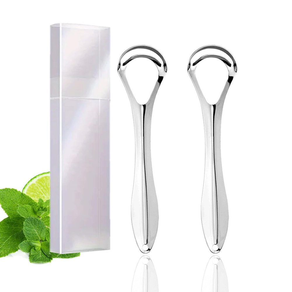 2 Pack Tongue Scraper with Travel Case, Medical Grade Metal Tongue Scrapers for Adults & Kids, Dual-Layer Tongue Cleaners Set for Fresh Breath, Stainless Steel Reusable Tongue Scrubber