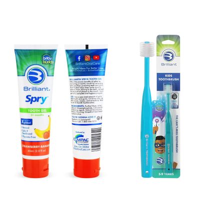 Brilliant Oral Care Bundle; Pack of 1 Kids Fluoride Free Toothpaste, Spry Gel with Xylitol, Strawberry Banana Flavor, & Kids Toothbrush with Soft Bristles and Round Head All-Around Clean Mouth - Lilac