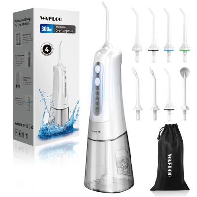 Cordless Water Dental Flosser for Teeth, with 8 Jet Tips, 300ML Tank Oral Irrigator Portable with 4 Modes IPX7 Waterproof Rechargeable Water Floss for Home Travel, Adults Teeth Cleaning (White)