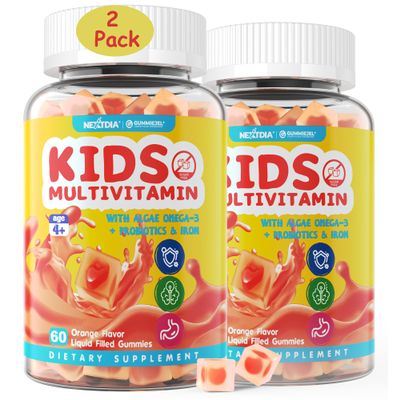 (2 Pack) Kids Multivitamin Gummies with Iron, Sugar Free, Kids Daily Vitamins + Probiotics, Algae Omega 3 (EPA/DHA), A, C, D, Methyl B12, Folate, B6, Zinc, Biotin, for Healthy Growth, Immune Support