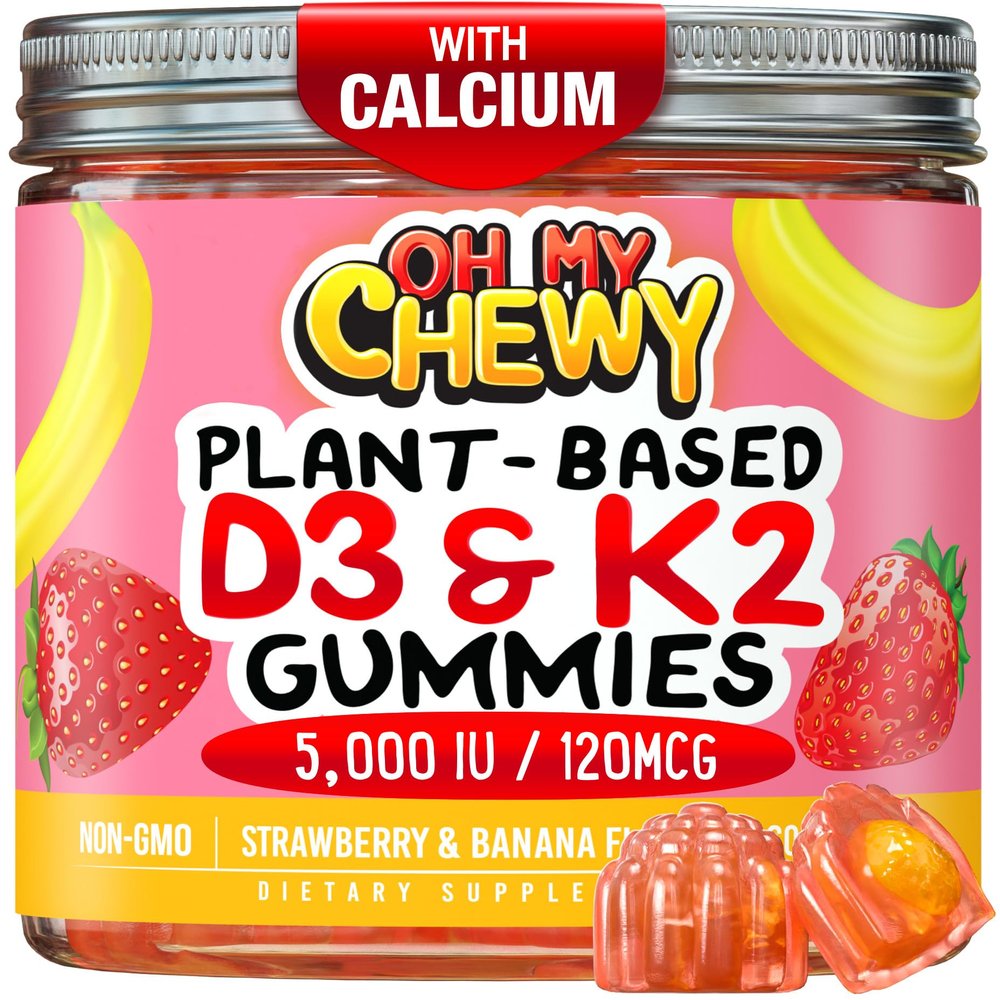 OH MY CHEWY Center-Filled Vitamin D3 K2 & Calcium Gummies - Supplement for Healthy Teeth, Bone & Energy - 5000 IU D3, 120 mcg K2(MK-7), 120 mg CA - Vegan & Non-GMO - 120 Count