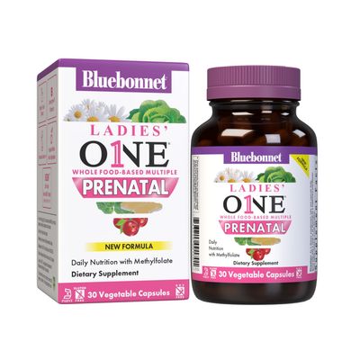 BlueBonnet Nutrition Ladies One Prenatal Whole Food-Based Multiple, Daily Nutrition*, Prenatal & Postnatal Health*, Non-GMO, Kosher, Gluten-Free, Soy-Free, 30 Vegetable Capsules, 30 Servings