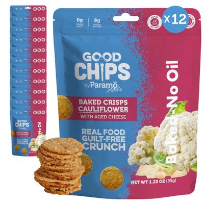 Baked Cauliflower & Aged Cheese Crisps by GOOD CHIPS! Oil-Free, High Protein, Guilt-Free Healthy Snack - 1.23 oz bags - Pack of 12